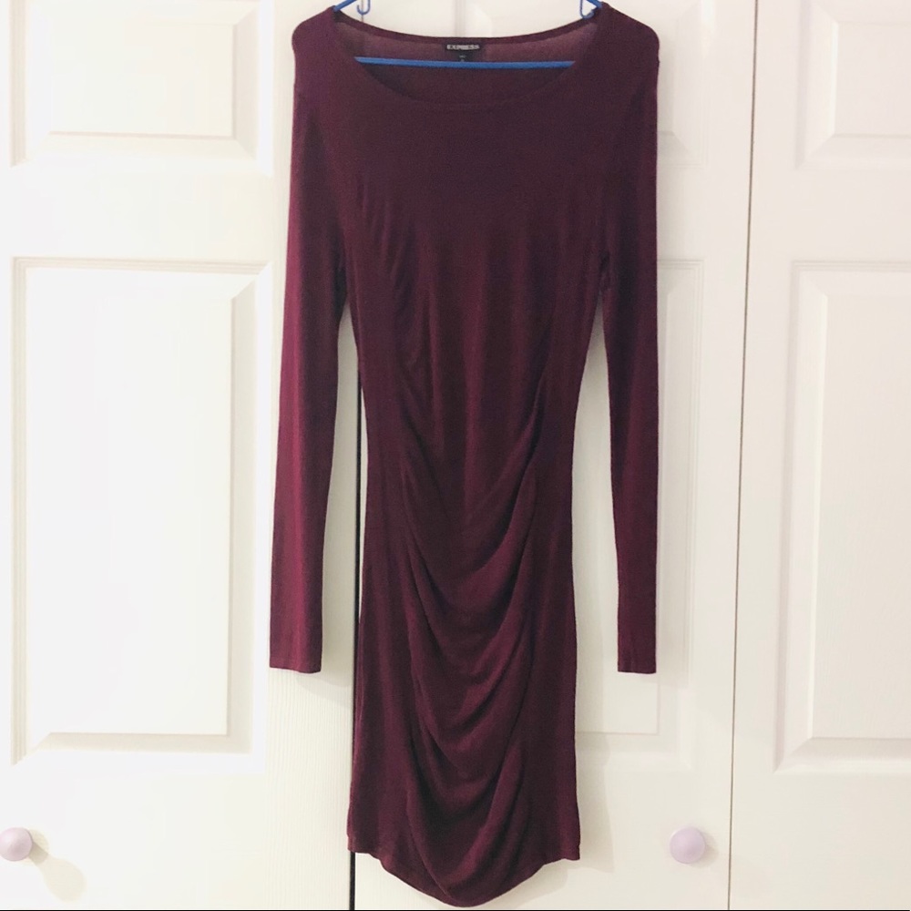 EXPRESS Ruched Knee Length Maroon Dress